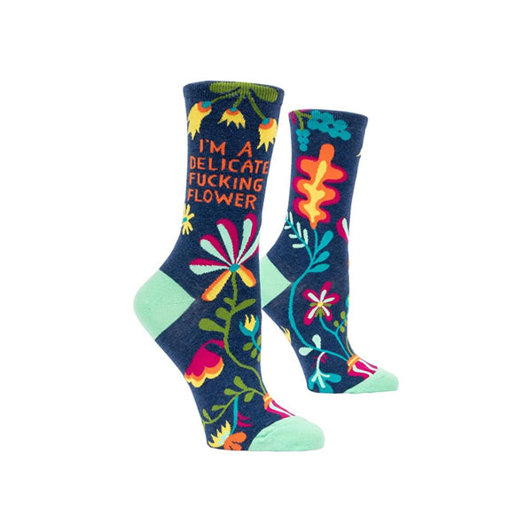 Blue women's sock with colorful design and text, "I'm a delicate fucking flower"