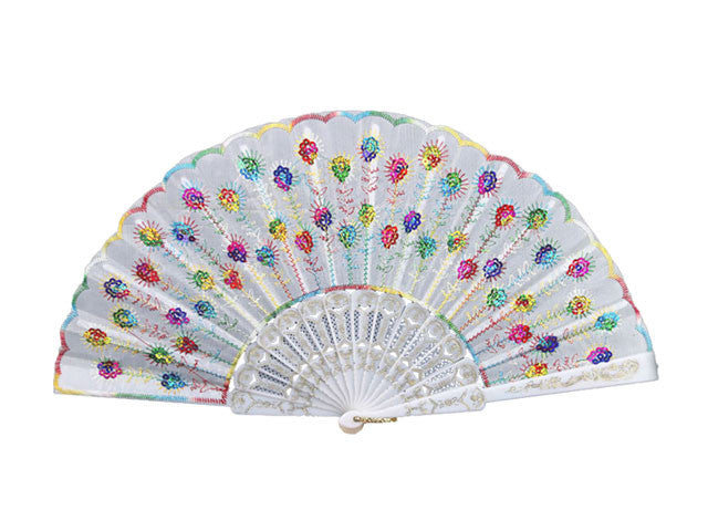 White Frame Sequins Fabric Fan - 9 Inch