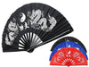 Double Dragon KungFu Fabric Fan in White on Black, White on Blue, White on Red