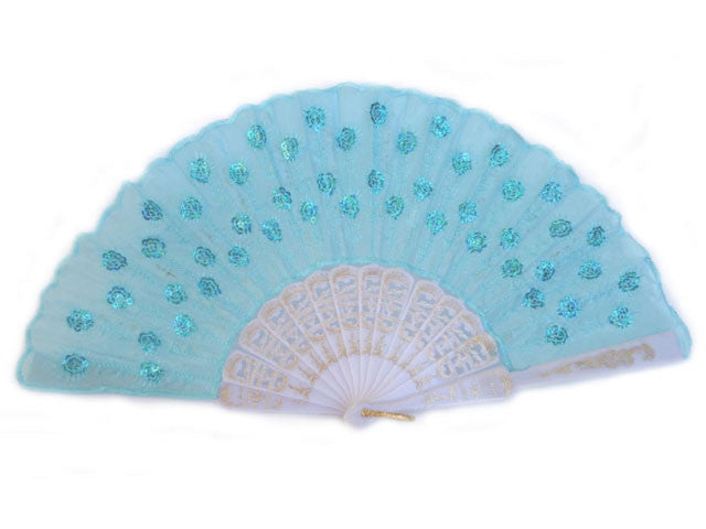 White Frame Sequins Fabric Fan - 9 Inch