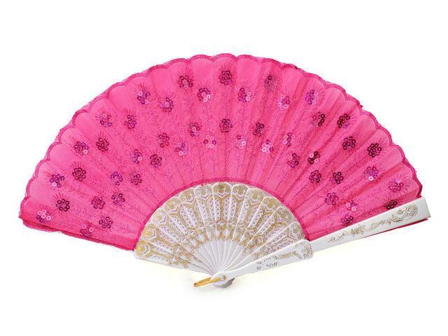 White Frame Sequins Fabric Fan - 9 Inch