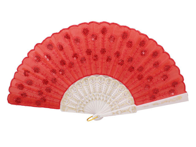White Frame Sequins Fabric Fan - 9 Inch