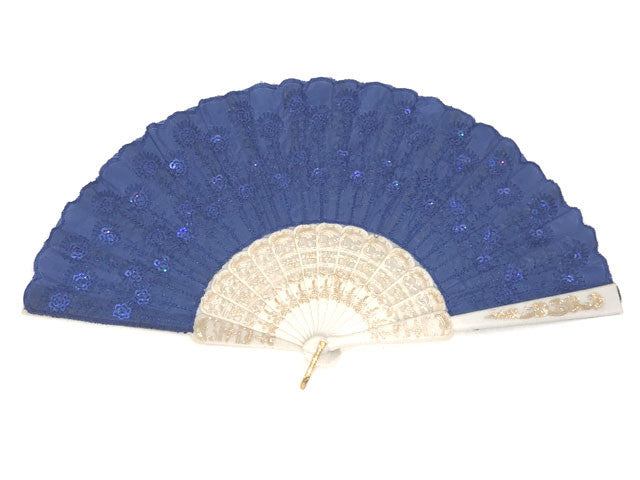 White Frame Sequins Fabric Fan - 9 Inch