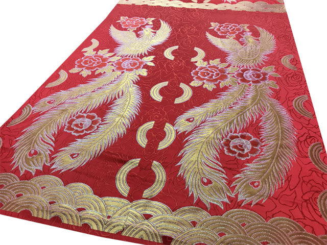 Golden Phoenix with Peony & Rings Design Brocade Fabric - Red