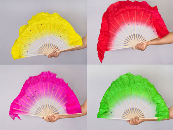 Four Silk dancing fans with sequins: it comes in yellow, red, purple and green