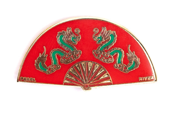 Gorgeous pin of a red fan with green dragons