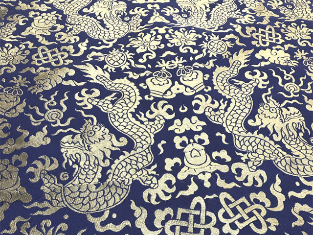 Golden Dragon Brocade Fabric - Navy Blue