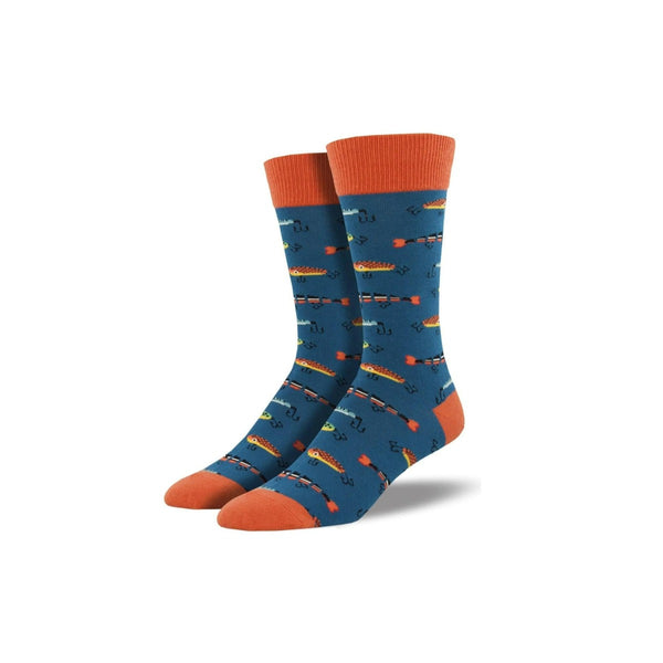 Just Fishin' Novelty Socks: Blue socks with orange calf band with a fish pattern consisting of several thin, long, repeating fish