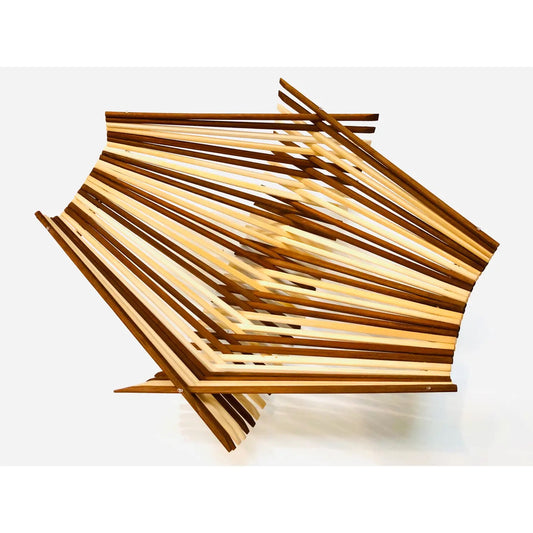 Folding basket made with 30 pairs of upcycled chopsticks, alternating in dark tea stained and Natural