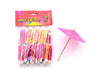 One pink paper cocktail parasols next to a package labeled "ornament toothpicks". This package has more paper cocktail parasols