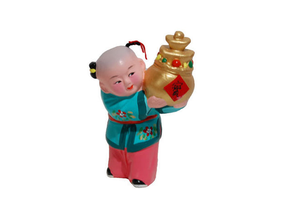 Hand Painted Clay Figurine. Girl holding prosperity jar