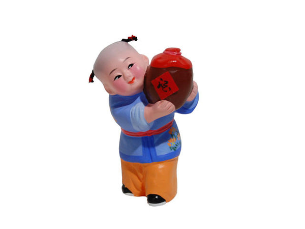 Hand Painted Clay Figurine. Boy Holding Good life wine jug