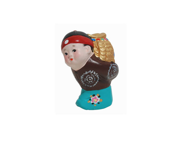 Hand Painted Clay Figurine. Back packing pot of gold