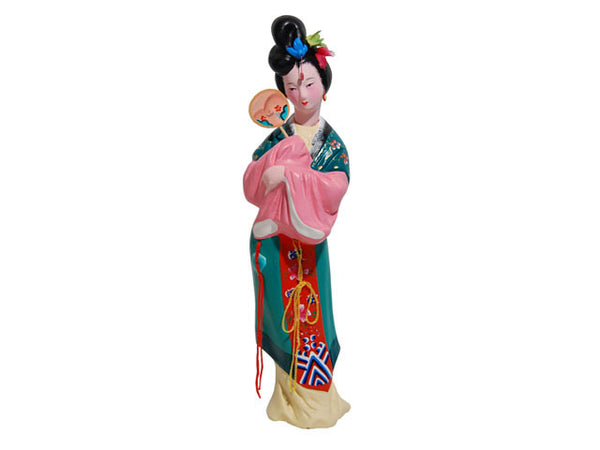 Hand Painted Clay Figurine. Maiden holding fan