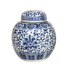Blue flowers and vine on white ceramic ginger jar 