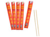 Five disposable bamboo chopsticks in red sleeve. A pair of chopsticks have been removed from their sleeve