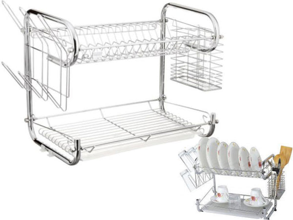 Two double tier kitchen dish rack. One holding and the other not holding dishes and utensils 