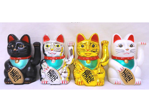 four lucky cats, each in a different color (black, silver, gold, and white)