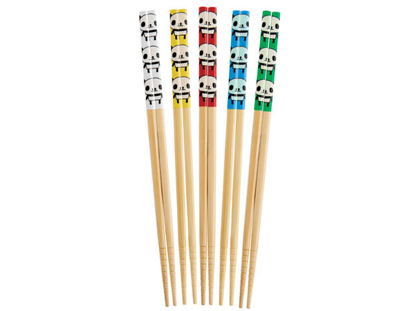 Panda Design Bamboo Children Chopsticks Set. Set has chopsticks in 5 colors: white, yellow, red, blue, and green.