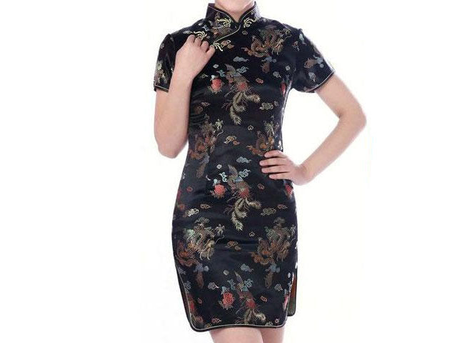Short Sleeves Brocade Mandarin Dress- Knee Length