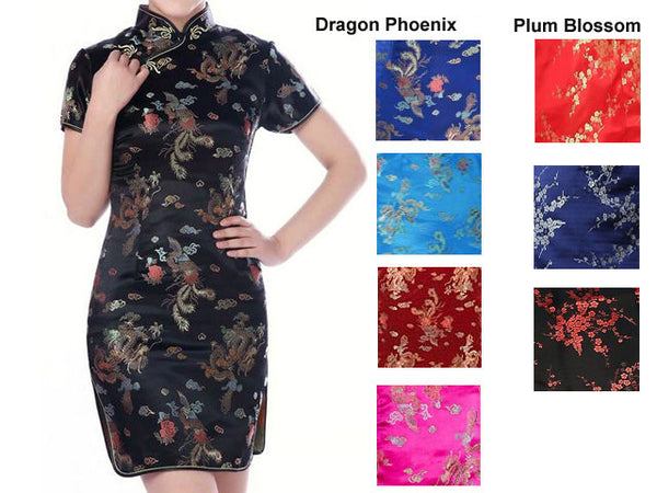 Black short-sleeved knee length mandarin brocade dress with dragon phoenix design. and sample colors