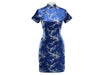 Cobalt blue short-sleeved knee length mandarin brocade dress with dragon phoenix design
