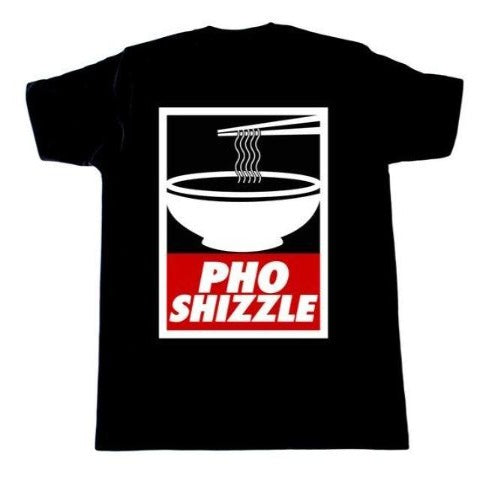 Fun black T-shirt with white and red bowl design with words, Pho Shizzle