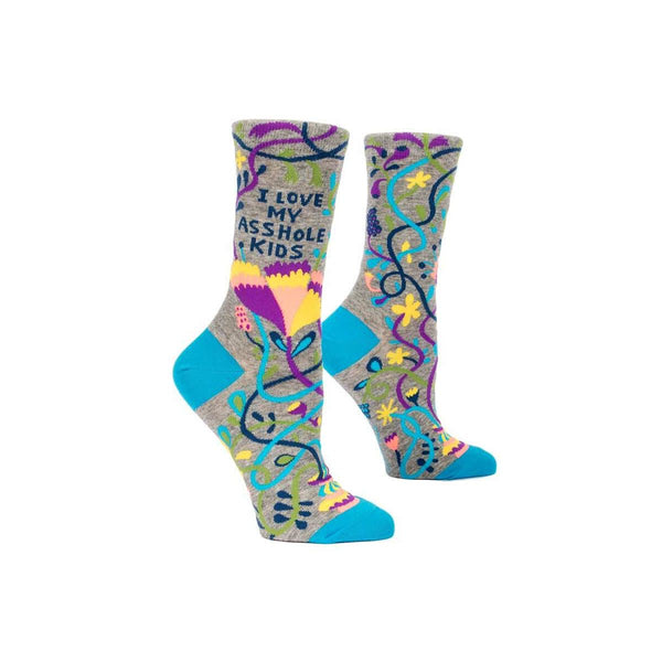 Heather grey socks with aqua blue accents, purple, aqua, and yellow squiggly lines and confetti scattered around, reads "i love my asshole kids"
