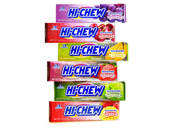 6 Hi-Chew sticks: grape, cherry, banana, strawberry, apple, mango