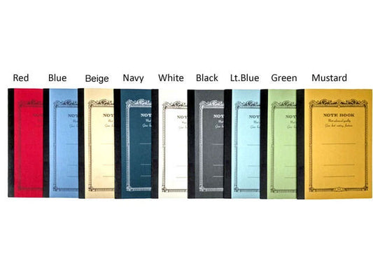 Notebooks in red, blue, beige, navy, white, black, Lt blue, green, mustard