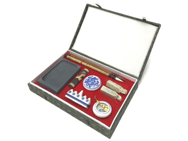 Chinese Calligraphy Set - Rectangular Brocade Box with 2 Extra Fine Brushes (7"), Porcelain Brushes Holder, 2 Soap Stone Chop, Ink stick, Stone ink well, Porcelain water holder, and Copper spoon