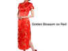 Front view of red short-sleeved Brocade Mandarin Dress-Ankle Length with gold blossoms