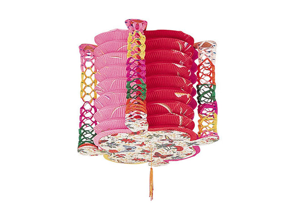 multicolored columns surrounding red and pink accordion styled lantern