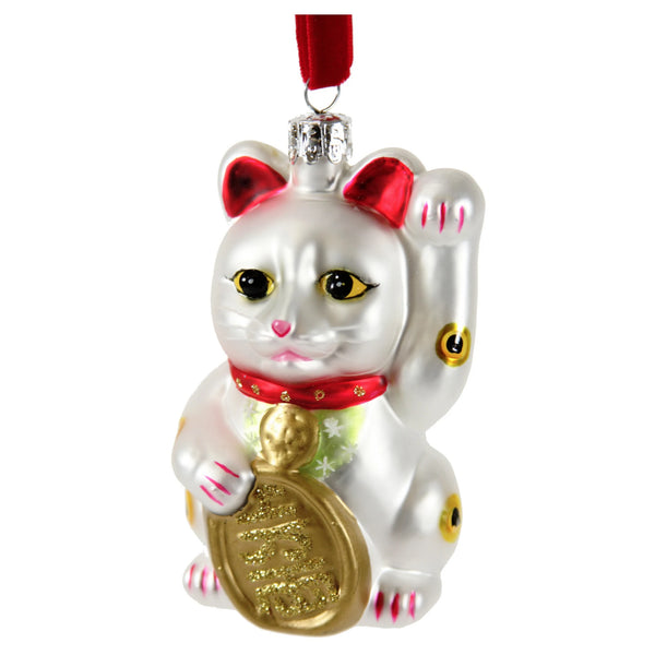 Glass ornament of a white lucky cat.
