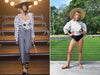 Two images edited side-by-side together. One image with a fashion model on the runway and the second image of someone who successfully recreated the fashion outfit with our straw hat