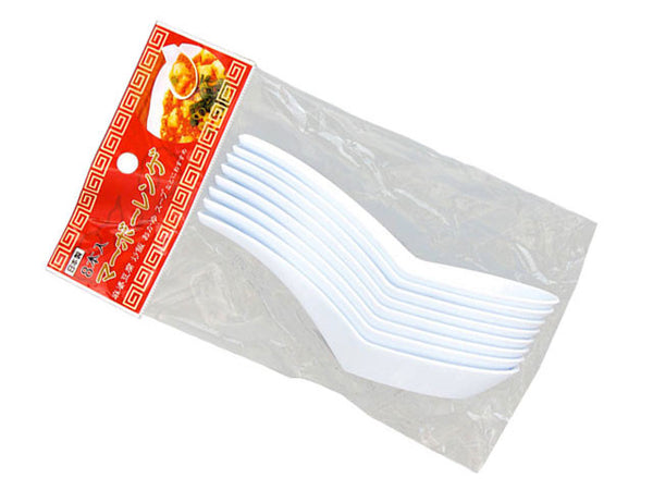 package of 8 white plastic soup spoons