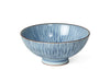 A modern white rice bowl with thin blue intricate Sensuji lines