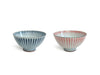 Two Hamon Tokusa Rice Bowls. One in blue and White. The other in red and white