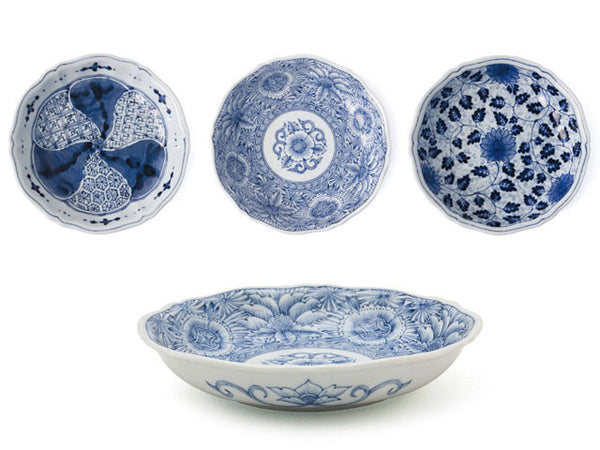 Four elegant blue white shallow bowls with vintage quality