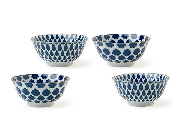 4 blue and white bowls in cloud and rain design