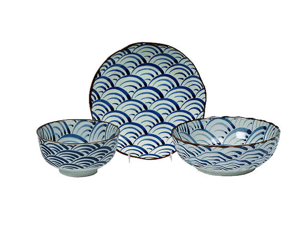 Three Sekai Nami blue waves series ceramic