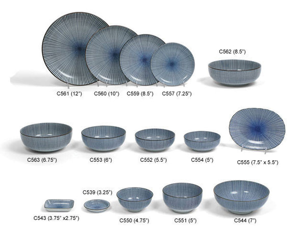 Sendan- Tokusa series of dishes. Each dish shown its size. Ranging from 12" to 3.25"