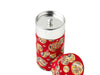 A red kimono designed tea canister with its top removed, exposing the metal inner lid