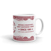 Side view of white mug with burgundy text and design for Hop Kee restaurant