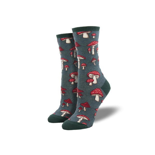 Pretty Fly for a Fungi Novelty Socks: Green Heather socks with a red-cap mushrooms pattern