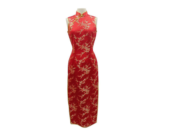 Gorgeous red Sleeveless Ankle Length Mandarin Dress with gold Plum Blossom design