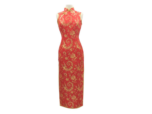 Beautiful red Sleeveless Ankle Length Mandarin Dress with gold Floral Pattern