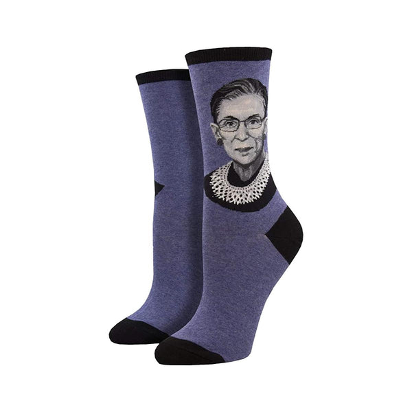 Purple socks with black accents and a black and white illustrated portrait of Ruth Bader Ginsburg