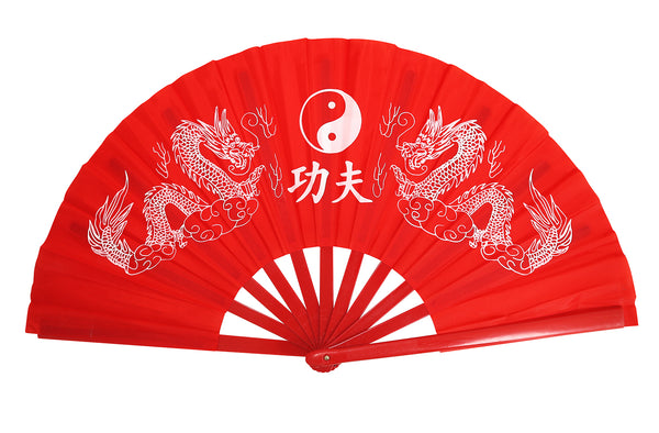 Red fan with white dragons and yin yang symbol