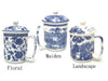 Three blue and white mugs with lids with various ornate designs of florals and landscapes